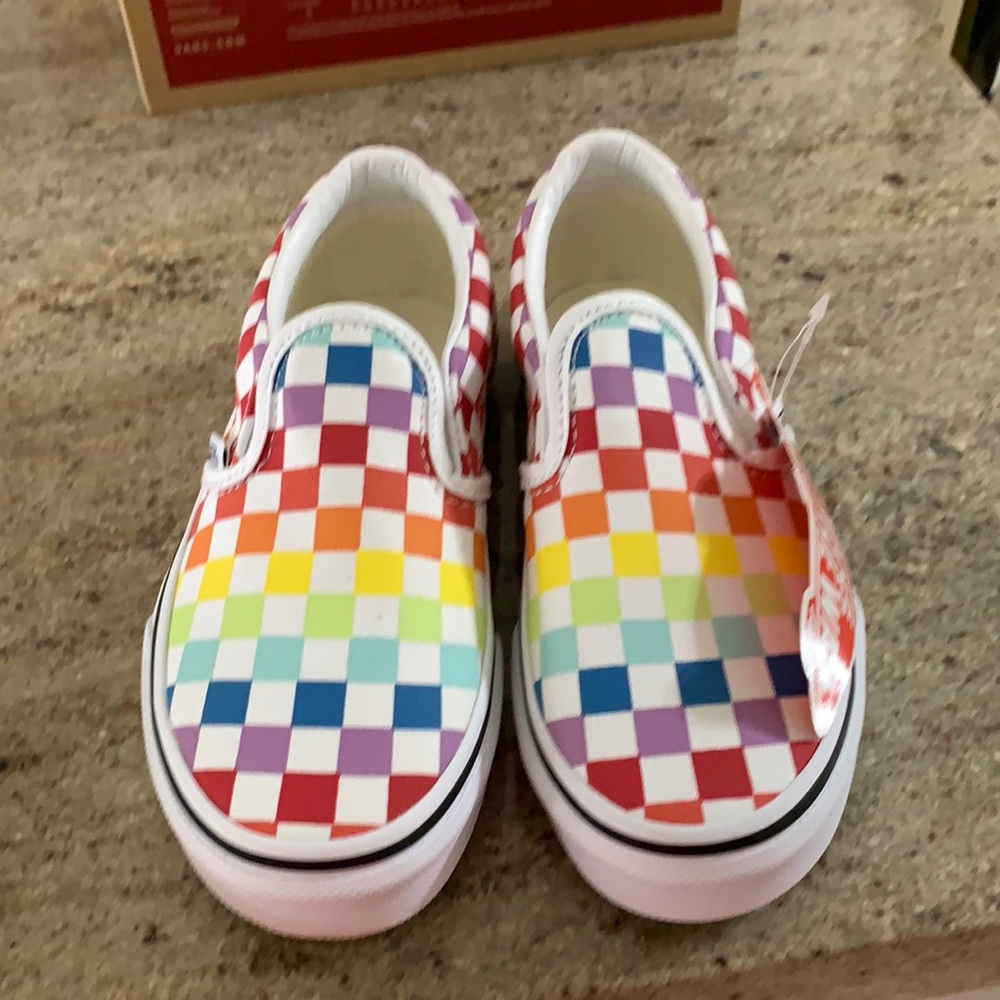 Kids vans rainbow checkered slip ons